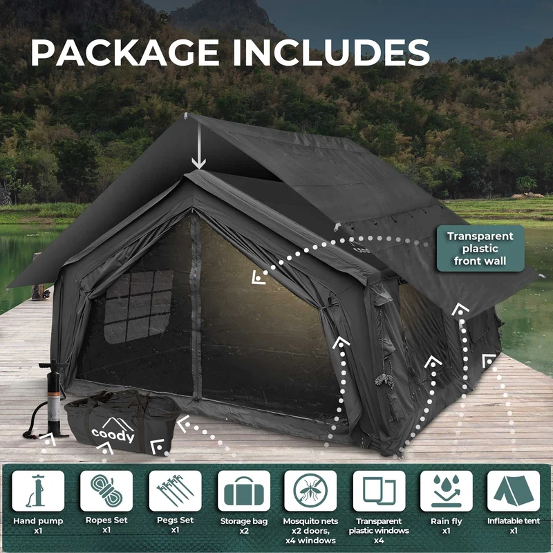Coody Familia AirTent 17.2 Black – Large Inflatable Hot Tent with Stove Jack for Camping, 2–10 People + RBM Outdoors Caminus M Wood Stove