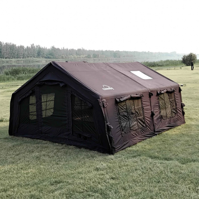 Coody Familia AirTent 17.2 Black – Large Inflatable Hot Tent with Stove Jack for Camping, 2–10 People + RBM Outdoors Caminus M Wood Stove