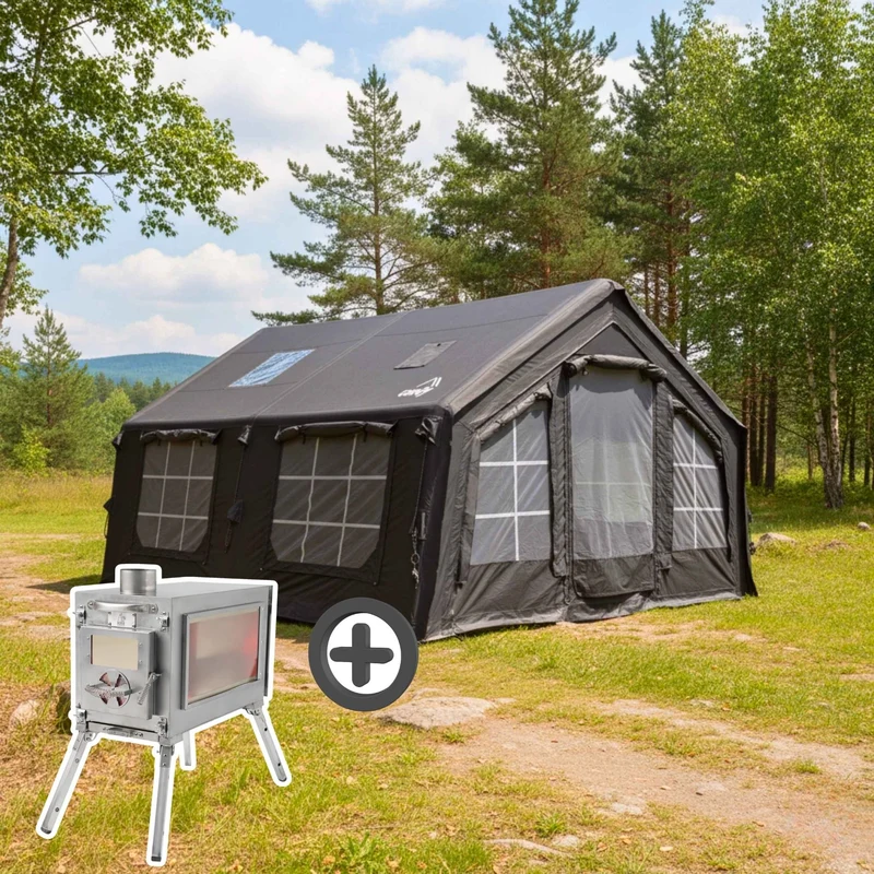 Coody Familia AirTent 13.6 Black – Inflatable Hot Tent with Stove Jack, 2–8 People + Caminus M Wood Stove