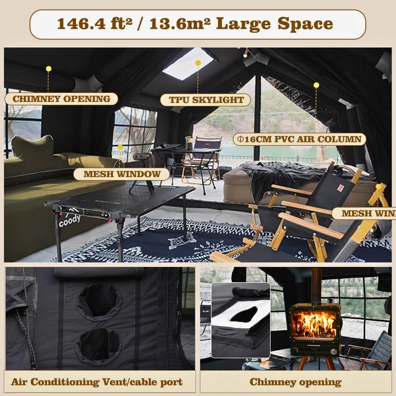Coody Familia AirTent 13.6 Black – Inflatable Hot Tent with Stove Jack, 2–8 People + Caminus M Wood Stove