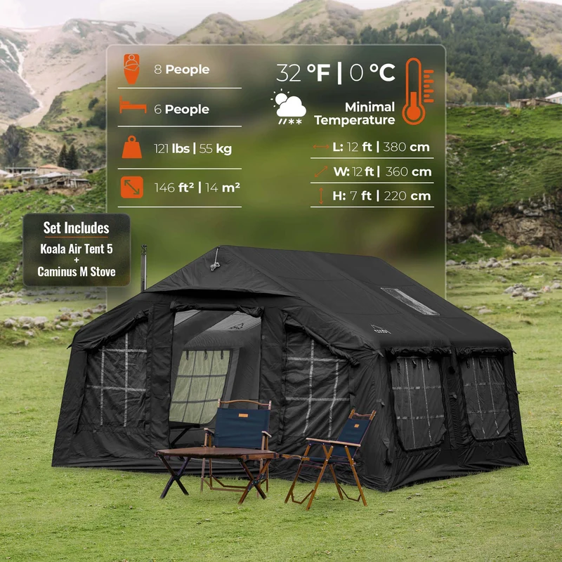 Coody Familia AirTent 13.6 Black – Inflatable Hot Tent with Stove Jack, 2–8 People + Caminus M Wood Stove