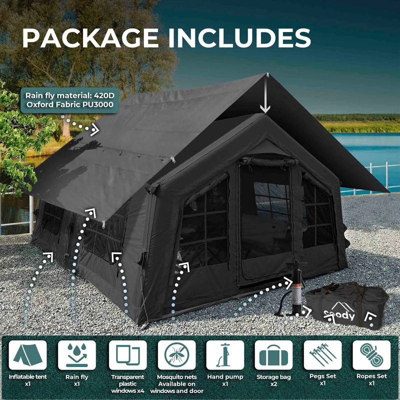 Coody Familia AirTent 13.6 Black – Inflatable Hot Tent with Stove Jack, 2–8 People + Caminus M Wood Stove