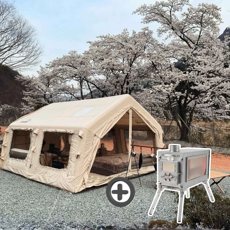 Coody Familia AirTent 13.6 Beige – Inflatable Hot Tent with Stove Jack, 2–8 People + Caminus M Wood Stove