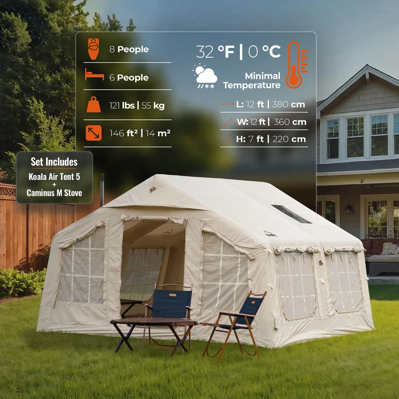 Coody Familia AirTent 13.6 Beige – Inflatable Hot Tent with Stove Jack, 2–8 People + Caminus M Wood Stove