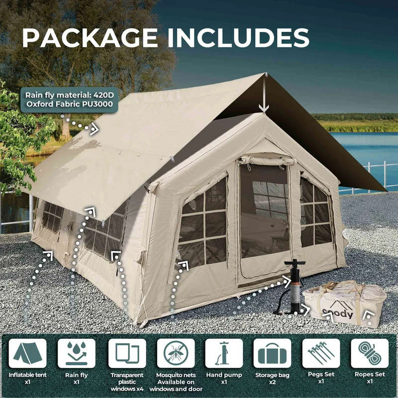Coody Familia AirTent 13.6 Beige – Inflatable Hot Tent with Stove Jack, 2–8 People + Caminus M Wood Stove