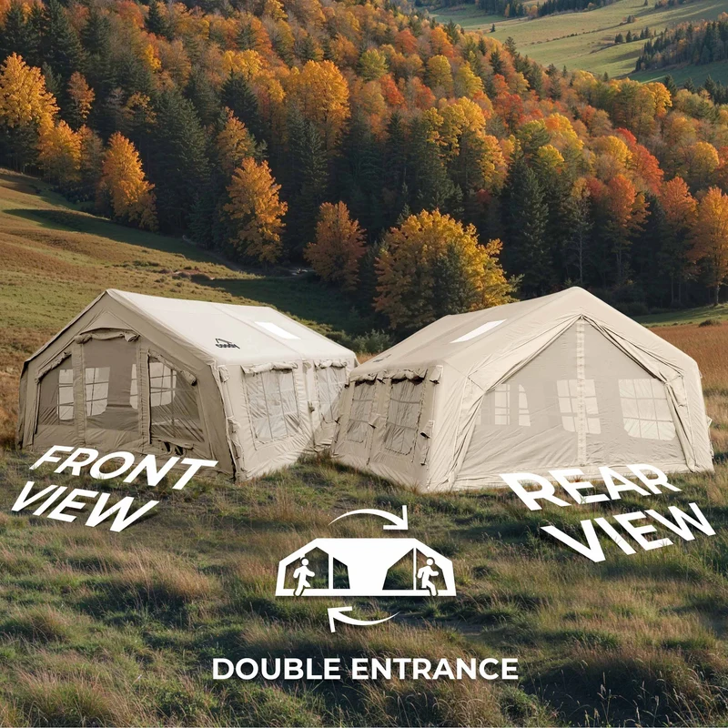 Coody Familia AirTent 13.6 Beige – Inflatable Hot Tent with Stove Jack, 2–8 People + Caminus M Wood Stove