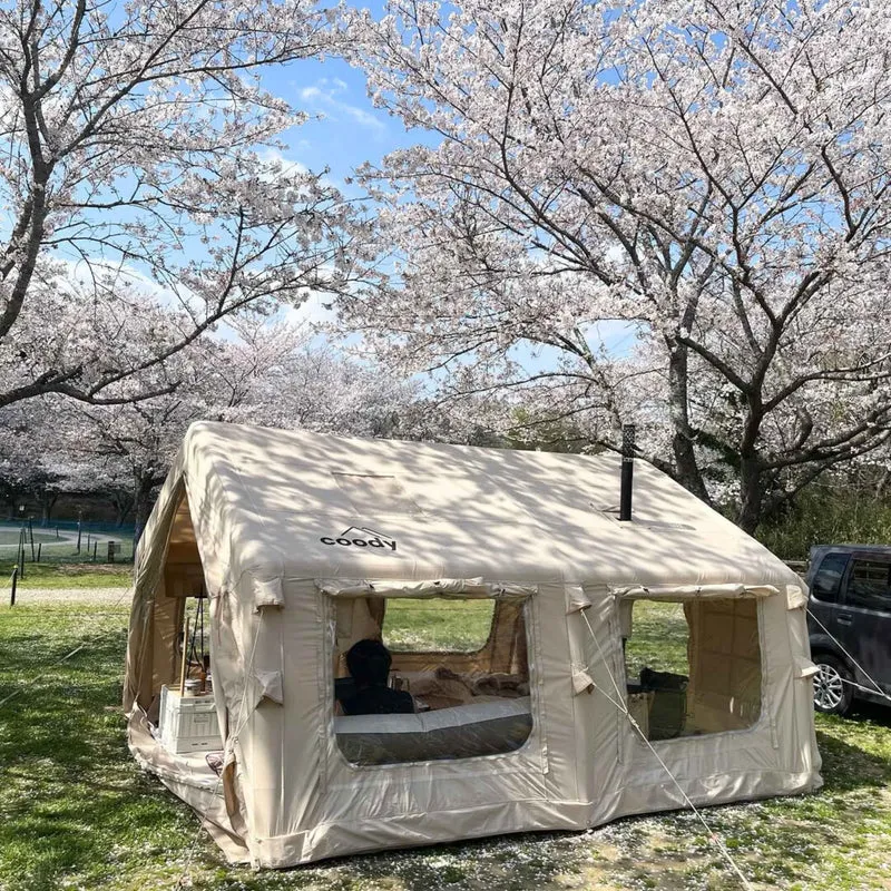 Coody Familia AirTent 13.6 Beige – Inflatable Hot Tent with Stove Jack, 2–8 People + Caminus M Wood Stove