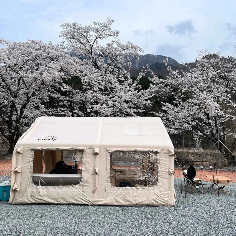 Coody Familia AirTent 13.6 Beige – Inflatable Hot Tent with Stove Jack, 2–8 People + Caminus M Wood Stove