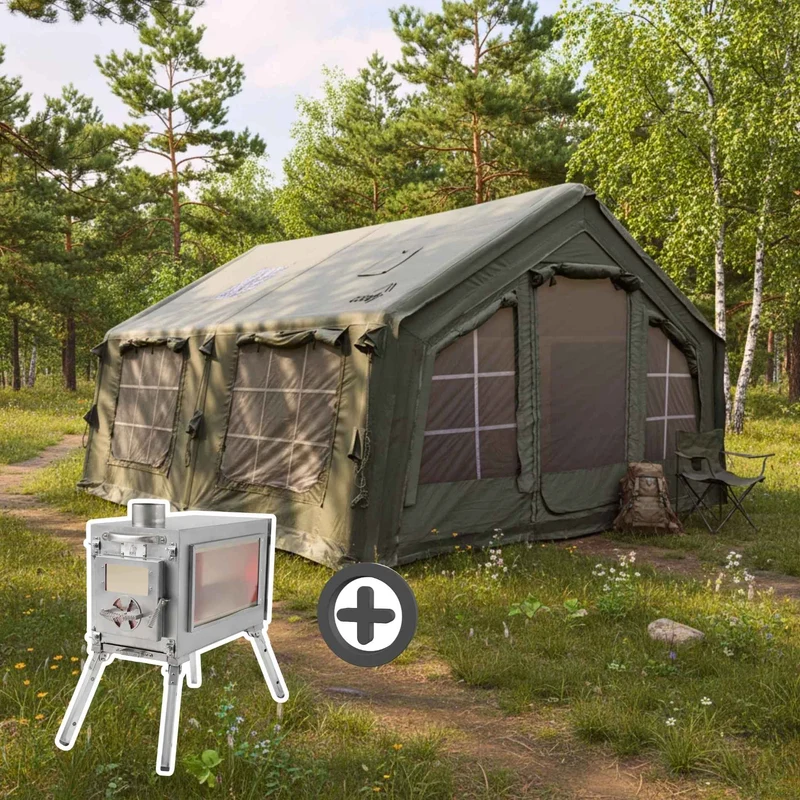 Coody Familia AirTent 13.6 Forest Green – Inflatable Hot Tent with Stove Jack, 2–8 People + Caminus M Wood Stove