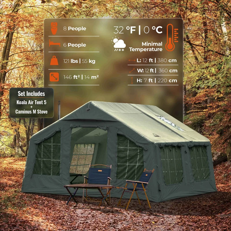 Coody Familia AirTent 13.6 Forest Green – Inflatable Hot Tent with Stove Jack, 2–8 People + Caminus M Wood Stove