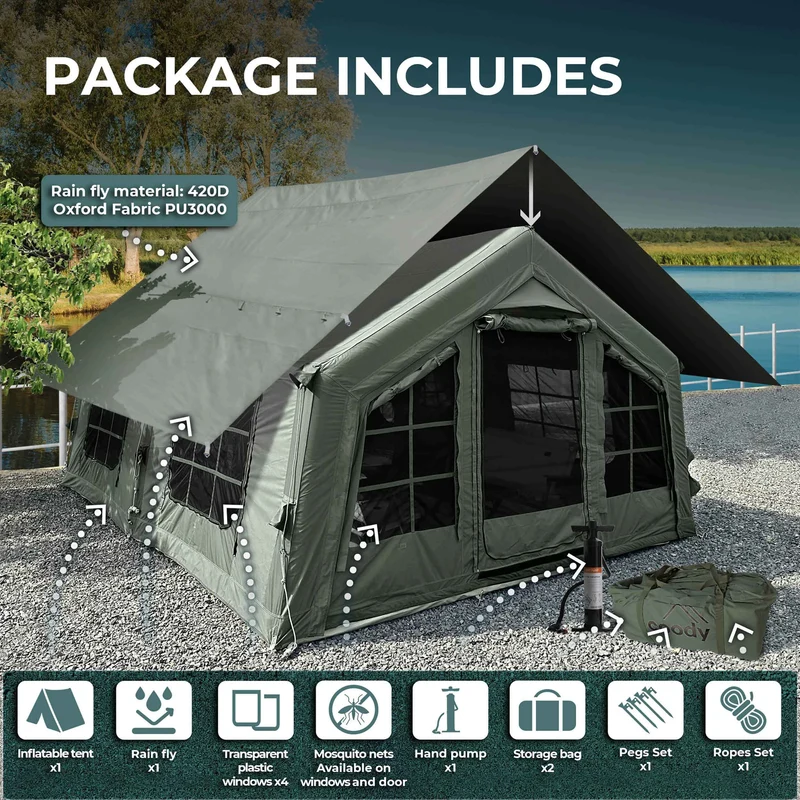 Coody Familia AirTent 13.6 Forest Green – Inflatable Hot Tent with Stove Jack, 2–8 People + Caminus M Wood Stove