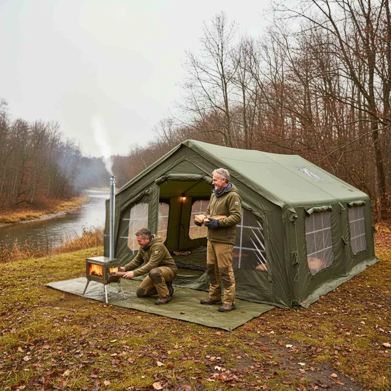 Coody Familia AirTent 17.2 Green – Large Inflatable Hot Tent with Stove Jack for Camping, 2–10 People + RBM Outdoors Caminus M Wood Stove