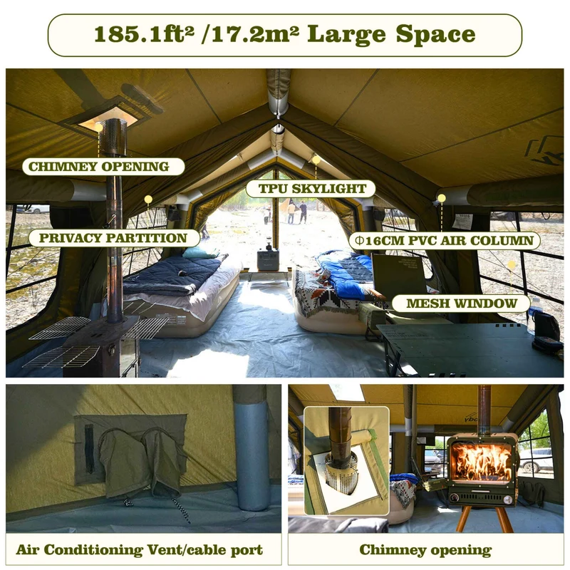 Coody Familia AirTent 17.2 Green – Large Inflatable Hot Tent with Stove Jack for Camping, 2–10 People