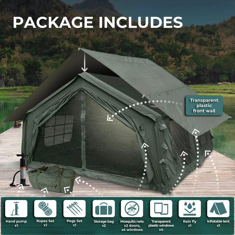 Coody Familia AirTent 17.2 Green – Large Inflatable Hot Tent with Stove Jack for Camping, 2–10 People + RBM Outdoors Caminus M Wood Stove