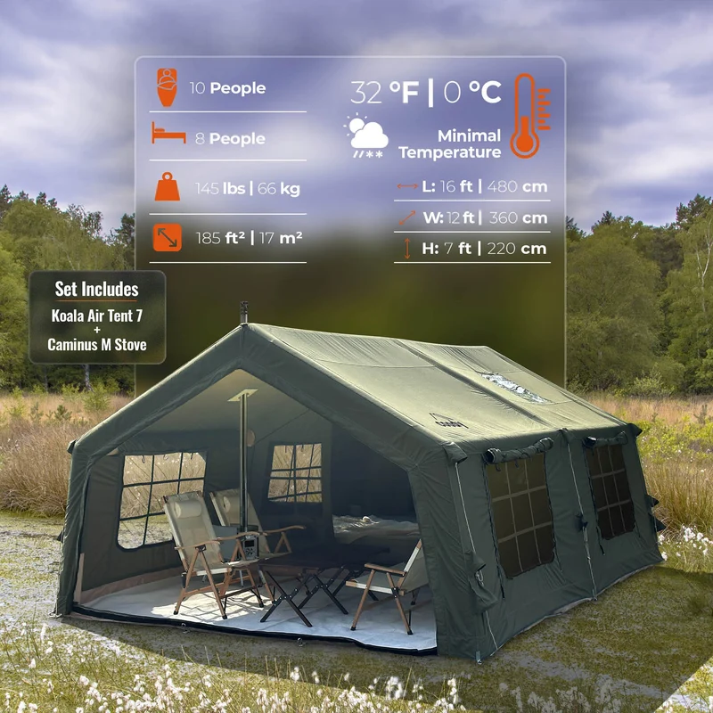 Coody Familia AirTent 17.2 Green – Large Inflatable Hot Tent with Stove Jack for Camping, 2–10 People + RBM Outdoors Caminus M Wood Stove