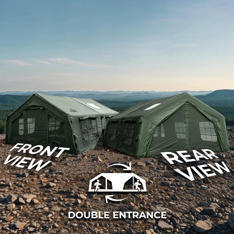 Coody Familia AirTent 17.2 Green – Large Inflatable Hot Tent with Stove Jack for Camping, 2–10 People + RBM Outdoors Caminus M Wood Stove