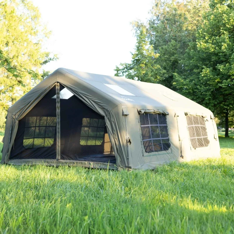 Coody Familia AirTent 17.2 Green – Large Inflatable Hot Tent with Stove Jack for Camping, 2–10 People + RBM Outdoors Caminus M Wood Stove
