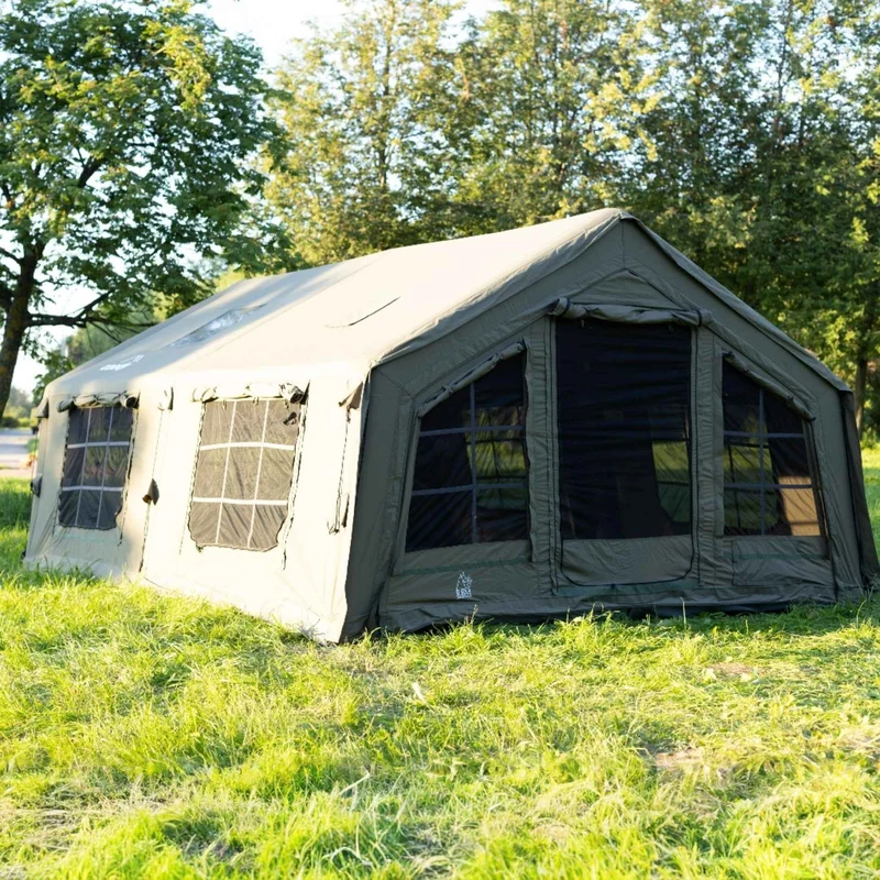 Coody Familia AirTent 17.2 Green – Large Inflatable Hot Tent with Stove Jack for Camping, 2–10 People + RBM Outdoors Caminus M Wood Stove