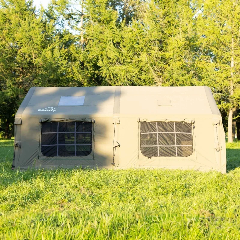 Coody Familia AirTent 17.2 Green – Large Inflatable Hot Tent with Stove Jack for Camping, 2–10 People + RBM Outdoors Caminus M Wood Stove