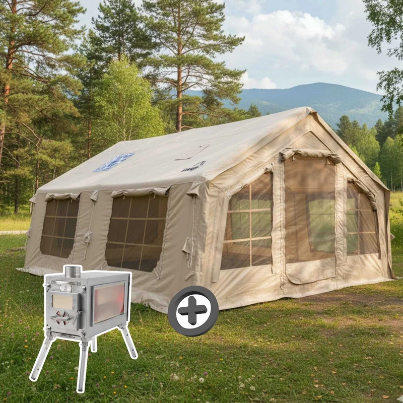 Coody Familia AirTent 17.2 Beige – Inflatable Hot Tent with Stove Jack, 2–10 People + Wood Stove Caminus M