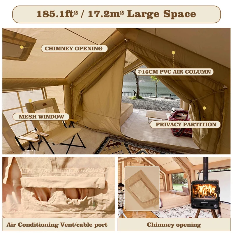 Coody Familia AirTent 17.2 Beige – Large Inflatable Hot Tent with Stove Jack for Camping, 2–10 People