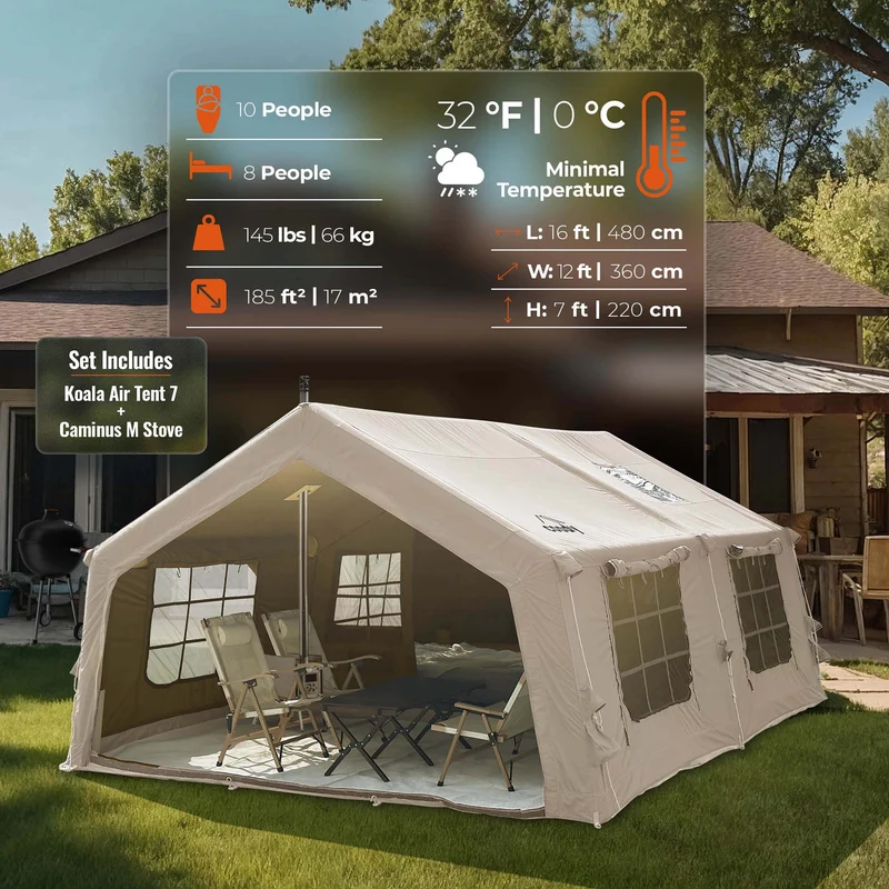 Coody Familia AirTent 17.2 Beige – Inflatable Hot Tent with Stove Jack, 2–10 People + Wood Stove Caminus M