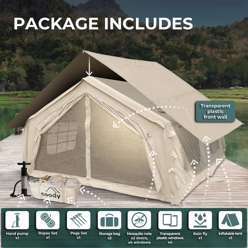 Coody Familia AirTent 17.2 Beige – Inflatable Hot Tent with Stove Jack, 2–10 People + Wood Stove Caminus M