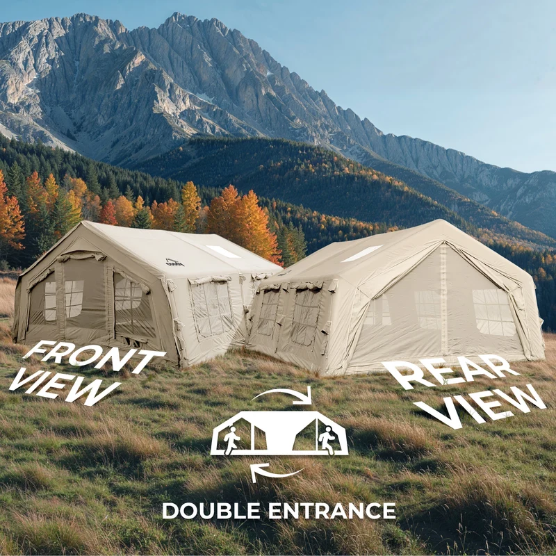 Coody Familia AirTent 17.2 Beige – Inflatable Hot Tent with Stove Jack, 2–10 People + Wood Stove Caminus M