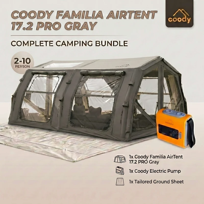 Coody Familia AirTent 17.2 Pro Gray Bundle-Inflatable Hot Tent with Stove Jack for Camping, 2–10 People + Electric Pump 133P + Ground Sheet 17.2 Pro