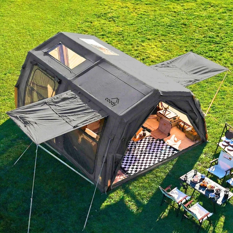 Coody Familia AirTent 17.2 Pro Gray Bundle-Inflatable Hot Tent with Stove Jack for Camping, 2–10 People + Electric Pump 133P + Ground Sheet 17.2 Pro