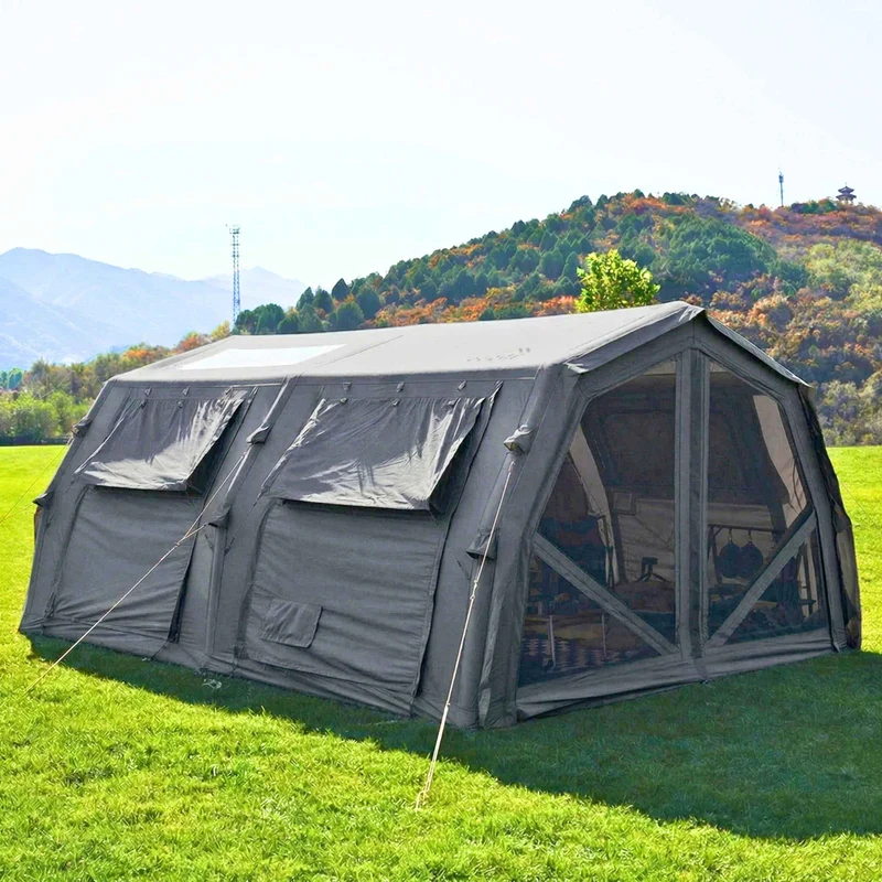 Coody Familia AirTent 17.2 Pro Gray Bundle-Inflatable Hot Tent with Stove Jack for Camping, 2–10 People + Electric Pump 133P + Ground Sheet 17.2 Pro