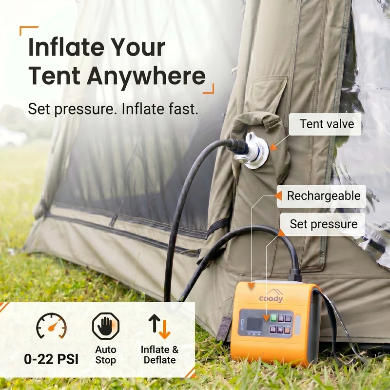 Coody Familia AirTent 17.2 Pro Black Bundle-Inflatable Hot Tent with Stove Jack for Camping, 2–10 People + Electric Pump 133P + Ground Sheet 17.2 Pro