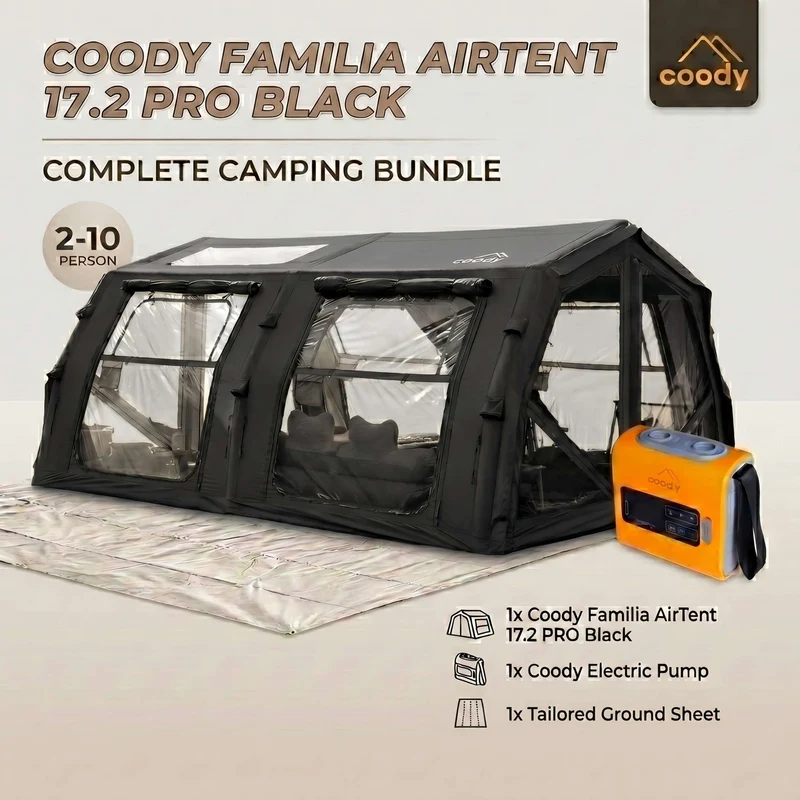 Coody Familia AirTent 17.2 Pro Black Bundle-Inflatable Hot Tent with Stove Jack for Camping, 2–10 People + Electric Pump 133P + Ground Sheet 17.2 Pro