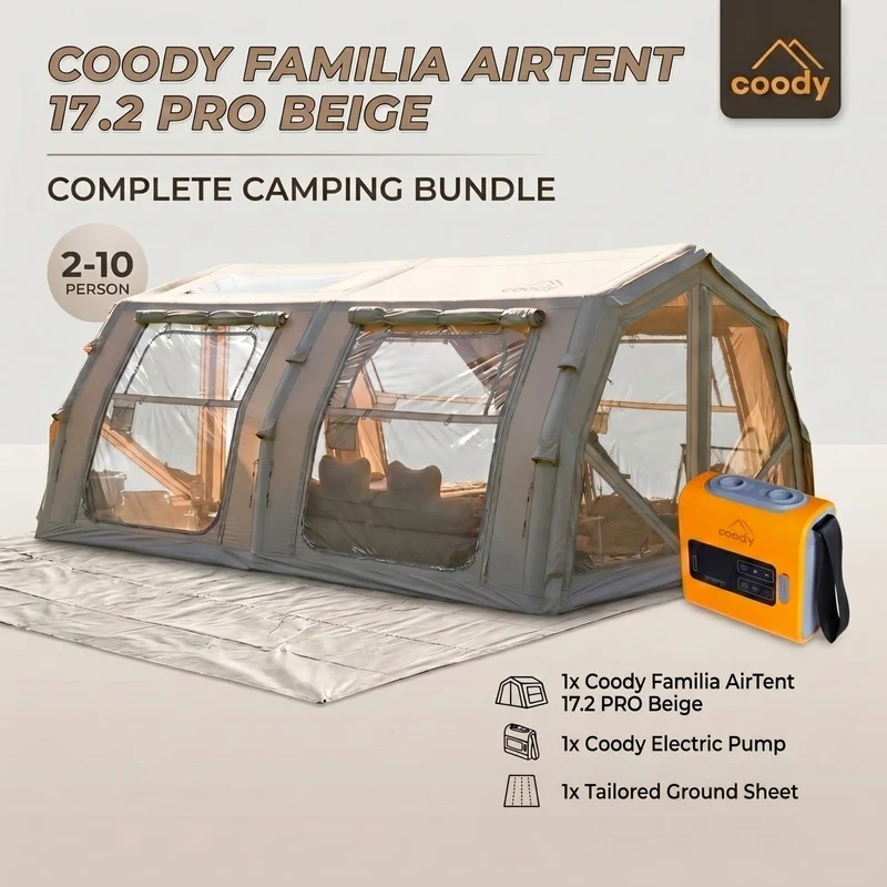 Coody Familia AirTent 17.2 Pro Beige Bundle-Inflatable Hot Tent with Stove Jack for Camping, 2–10 People + Electric Pump 133P + Ground Sheet 17.2 Pro
