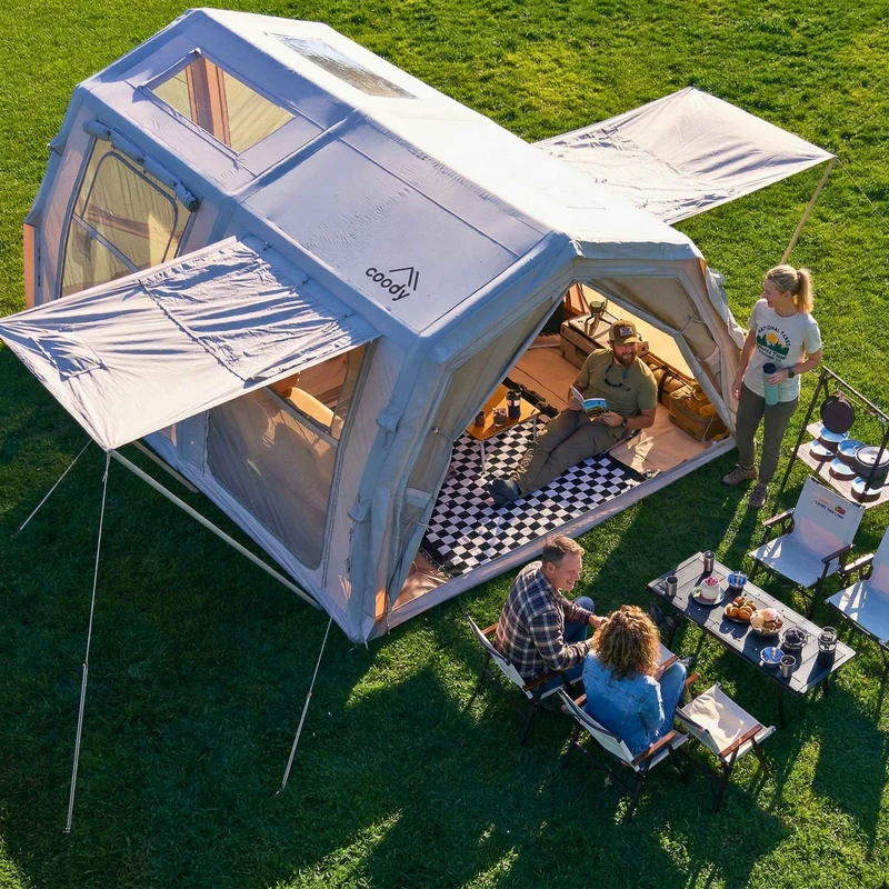 Coody Familia AirTent 17.2 Pro Beige Bundle-Inflatable Hot Tent with Stove Jack for Camping, 2–10 People + Electric Pump 133P + Ground Sheet 17.2 Pro