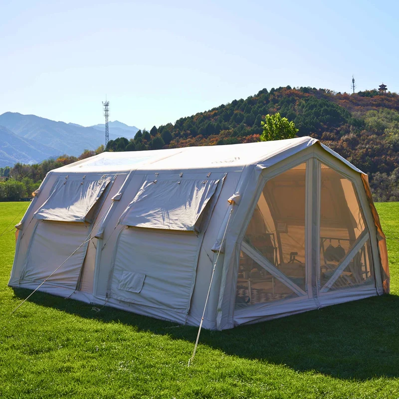 Coody Familia AirTent 17.2 Pro Beige Bundle-Inflatable Hot Tent with Stove Jack for Camping, 2–10 People + Electric Pump 133P + Ground Sheet 17.2 Pro