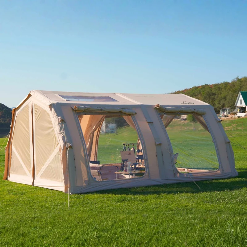 Coody Familia AirTent 17.2 Pro Beige Bundle-Inflatable Hot Tent with Stove Jack for Camping, 2–10 People + Electric Pump 133P + Ground Sheet 17.2 Pro