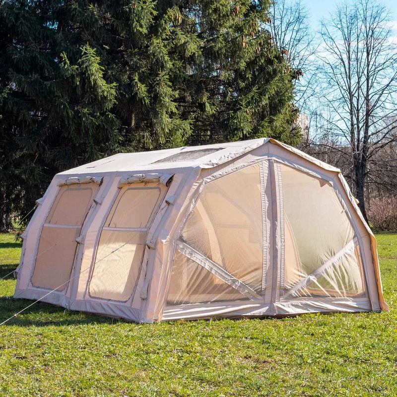 Coody Familia AirTent 17.2 Pro Beige Bundle-Inflatable Hot Tent with Stove Jack for Camping, 2–10 People + Electric Pump 133P + Ground Sheet 17.2 Pro