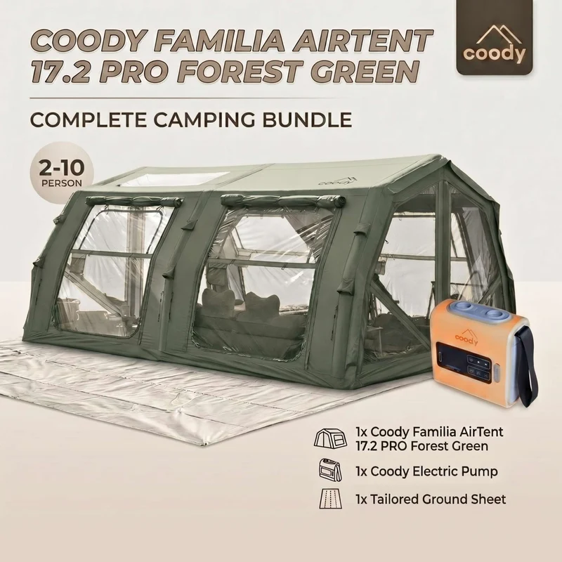 Coody Familia AirTent 17.2 Pro Green Bundle-Inflatable Hot Tent with Stove Jack for Camping, 2–10 People + Electric Pump 133P + Ground Sheet 17.2 Pro