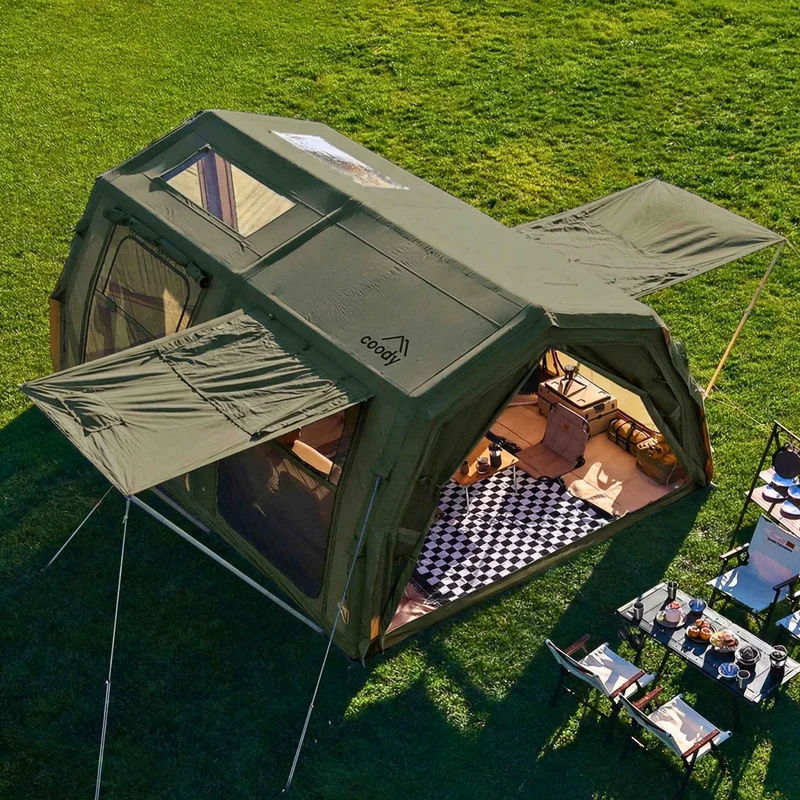 Coody Familia AirTent 17.2 Pro Green Bundle-Inflatable Hot Tent with Stove Jack for Camping, 2–10 People + Electric Pump 133P + Ground Sheet 17.2 Pro