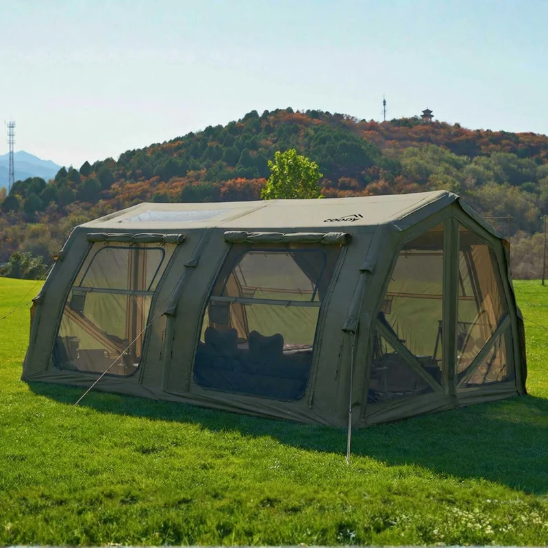 Coody Familia AirTent 17.2 Pro Green Bundle-Inflatable Hot Tent with Stove Jack for Camping, 2–10 People + Electric Pump 133P + Ground Sheet 17.2 Pro