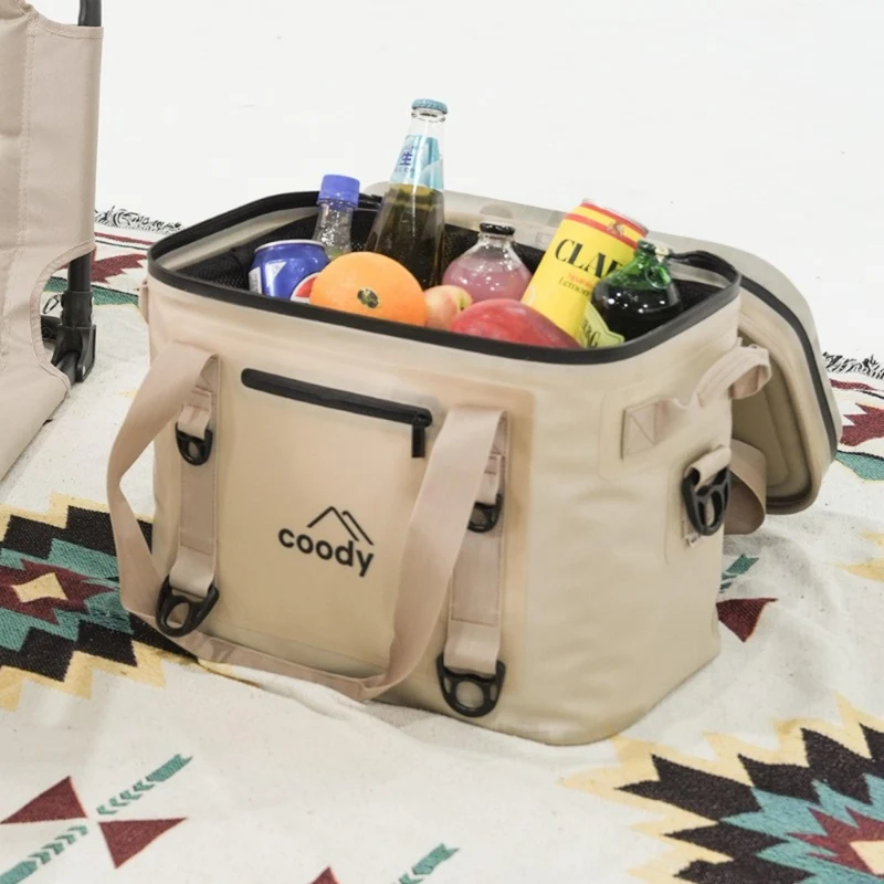 Coody Soft Cooler Bag 20L – Holds Up to 30 Cans, 20mm High-Density NBR Insulation, AIR-TIGHT Zipper, Beige