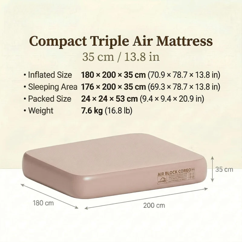 Coody Coreo Air Mattress King (180 × 200 × 35 cm) – Structured Air Block Inflatable Bed, Compact Pack Design