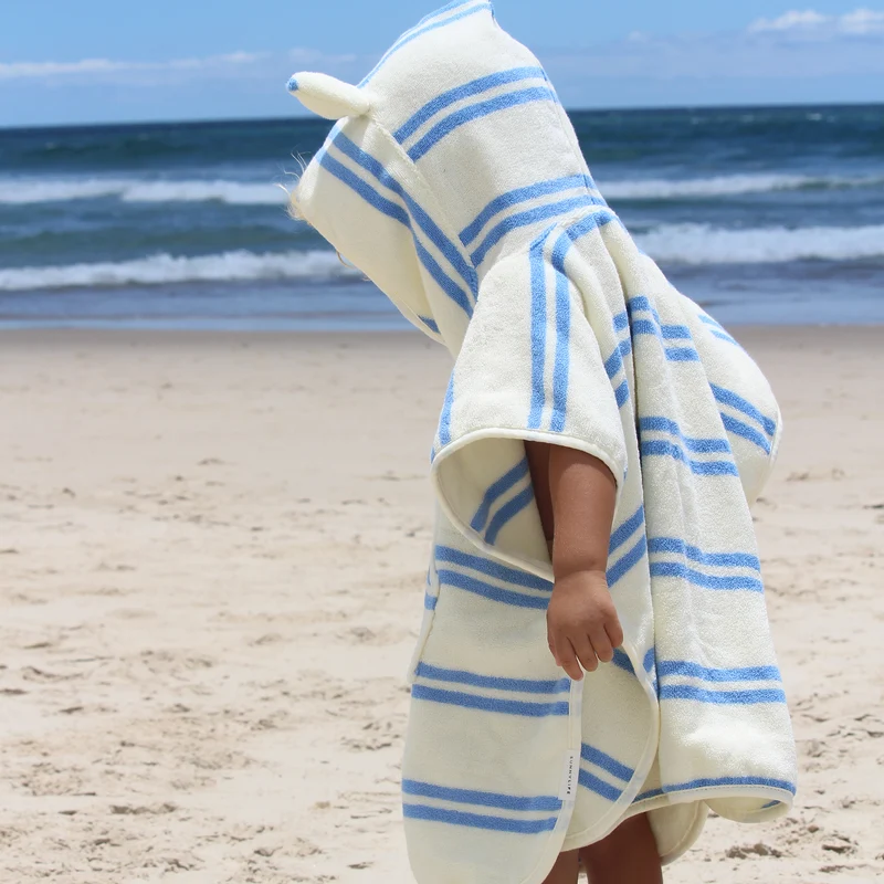 Kids Beach Poncho Towel - Sammy the Seagull Blue Stripe