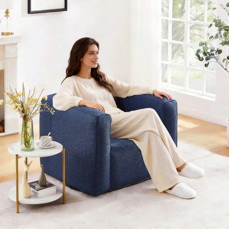Portable Inflatable Sofa – Linen Air Lounger Chair -Blue