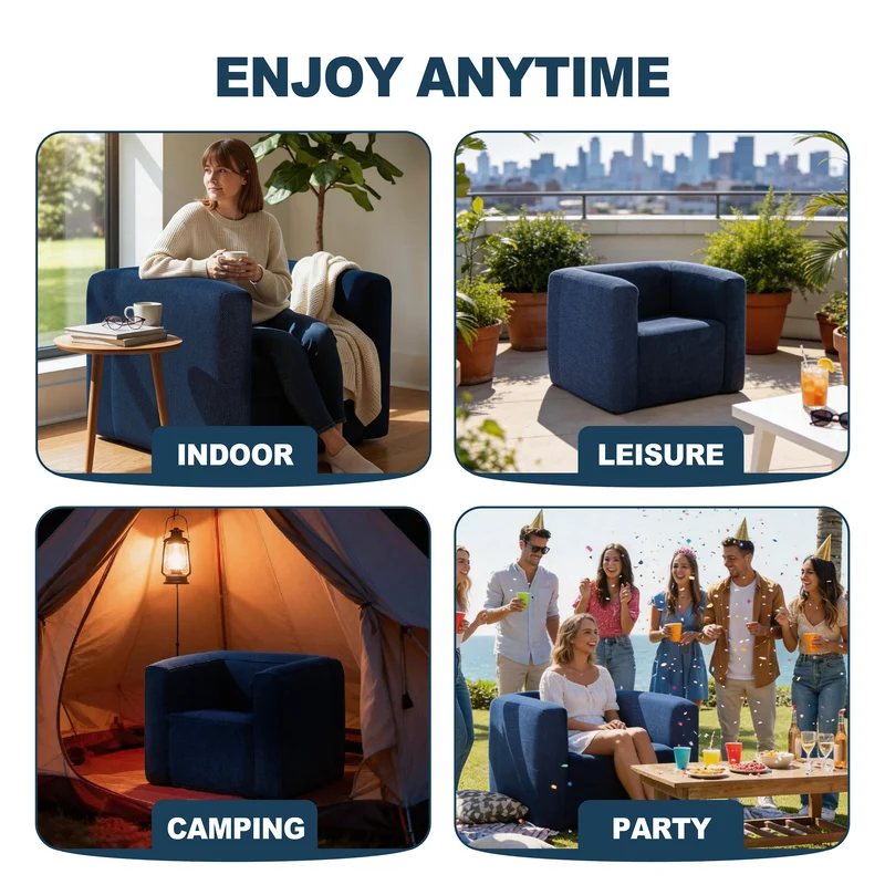 Portable Inflatable Sofa – Linen Air Lounger Chair -Blue