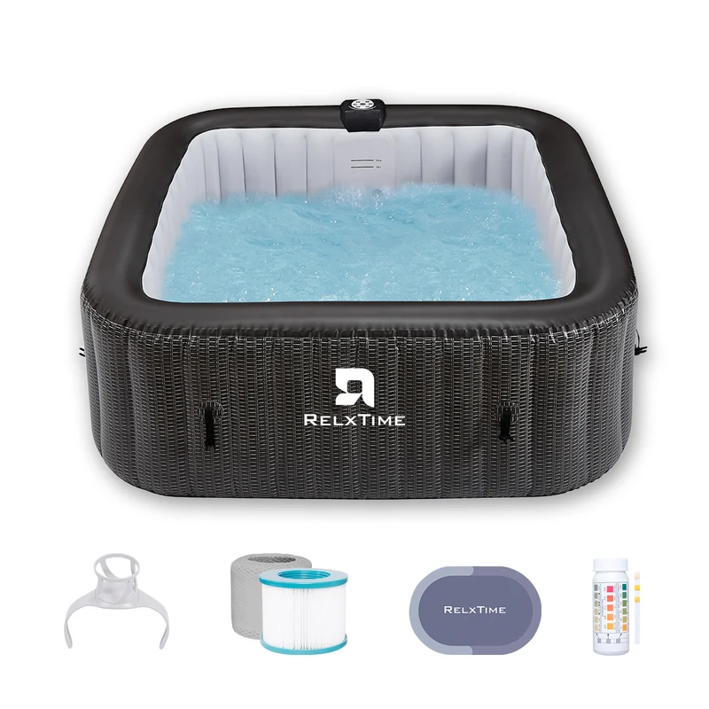 Square Inflatable Hot Tub - Black Rattan Pattern
