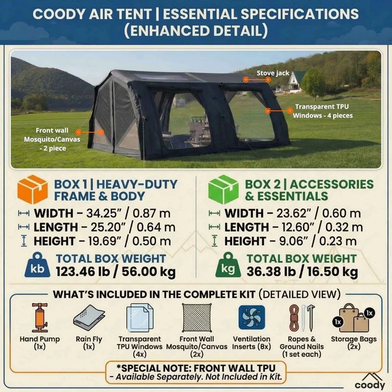 Coody Familia AirTent 17.2 Pro Black – Inflatable Hot Tent with Stove Jack for Camping, 2–10 People