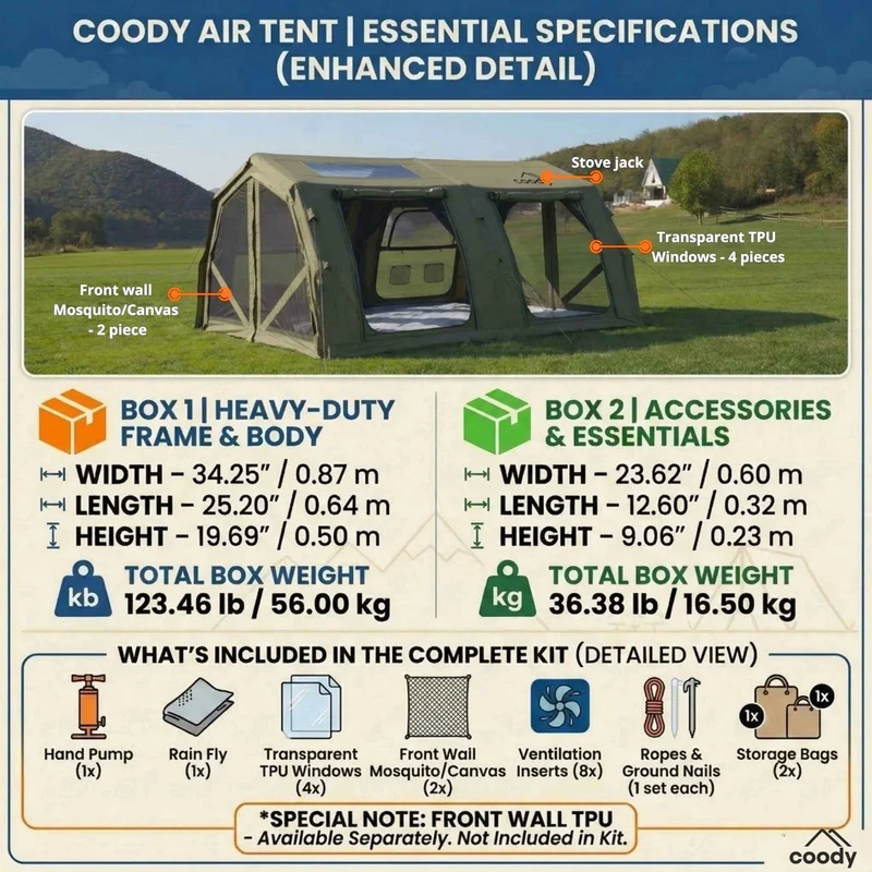 Coody Familia AirTent 17.2 Pro Green – Inflatable Hot Tent with Stove Jack for Camping, 2–10 People