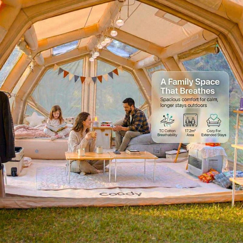 Coody Familia AirTent 17.2 Pro Beige – Inflatable Hot Tent with Stove Jack for Camping, 2–10 People